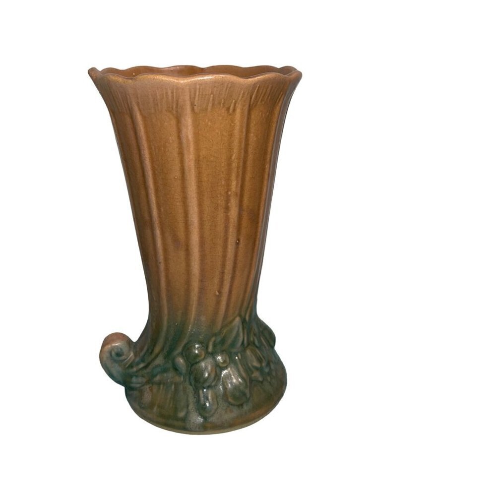 McCoy Vintage 1930s Cornucopia Vase Brown Green Leaves And Fruit Design Crazing